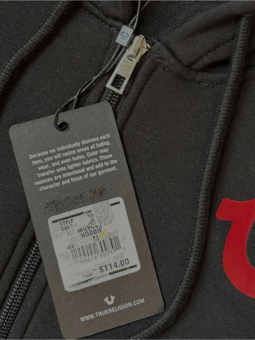 True Religion Men’s Black Muscle Zip-up Hoodie with Red Logo